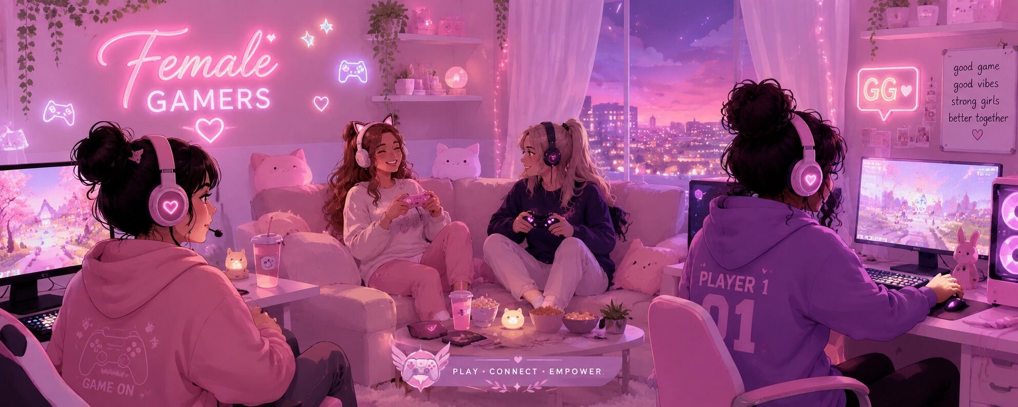 Discovery splash banner for 𝐅𝐞𝐦𝐚𝐥𝐞 𝐆𝐚𝐦𝐞𝐫𝐬 Discord server